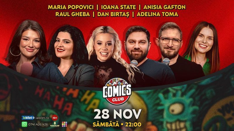 Stand-up cu Maria Popovici, Ioana State, Raul, Anisia, Dan Birtaș și Adelina Toma la ComicsClub