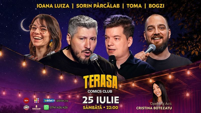 Stand-up cu Toma, Sorin Pârcălab, Bogzi și Ioana Luiza pe Terasa ComicsClub!