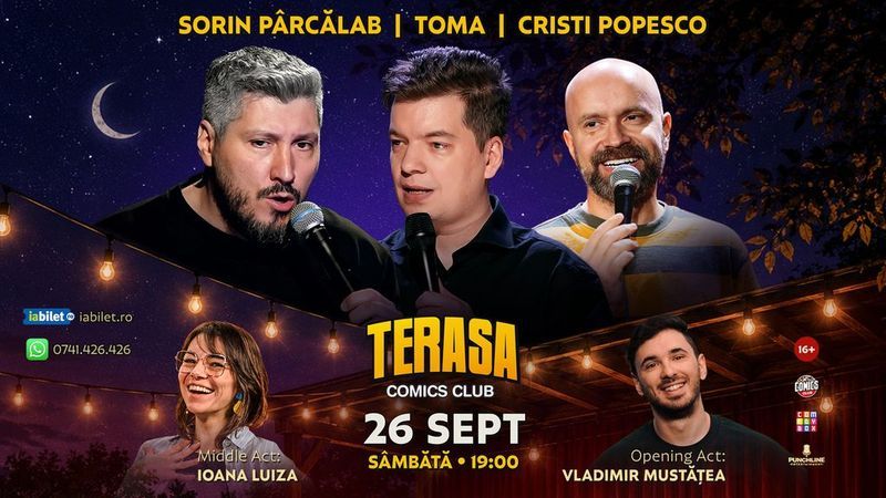 Stand-up cu Cristi Popesco, Toma, Sorin Pârcălab și Ioana Luiza pe Terasa ComicsClub!