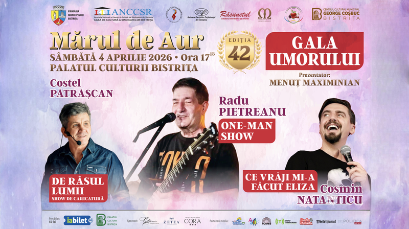 Bistrita: Gala Umorului „Mărul de Aur” cu Radu Pietreanu, Cosmin Natanticu şi Costel Pătrăşcan