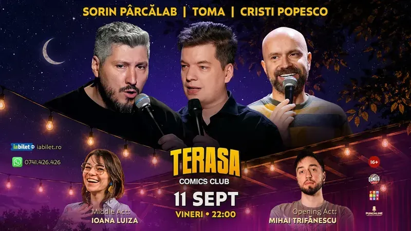 Stand-up cu Cristi Popesco, Toma, Sorin Pârcălab și Ioana Luiza pe Terasa ComicsClub!
