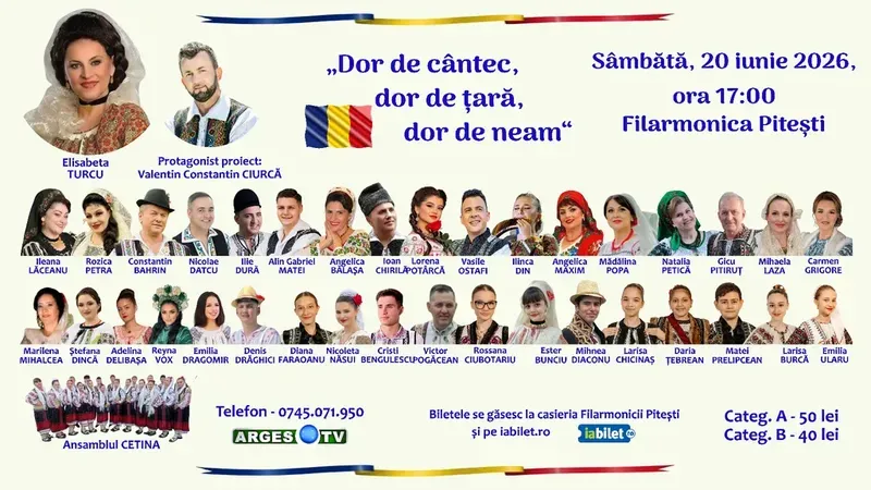 Pitești: Spectacol folcloric "Dor de țară, dor de cântec, dor de neam"