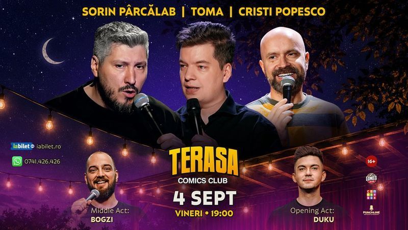 Stand-up cu Cristi Popesco, Toma, Sorin Pârcălab și Bogzi pe Terasa ComicsClub!