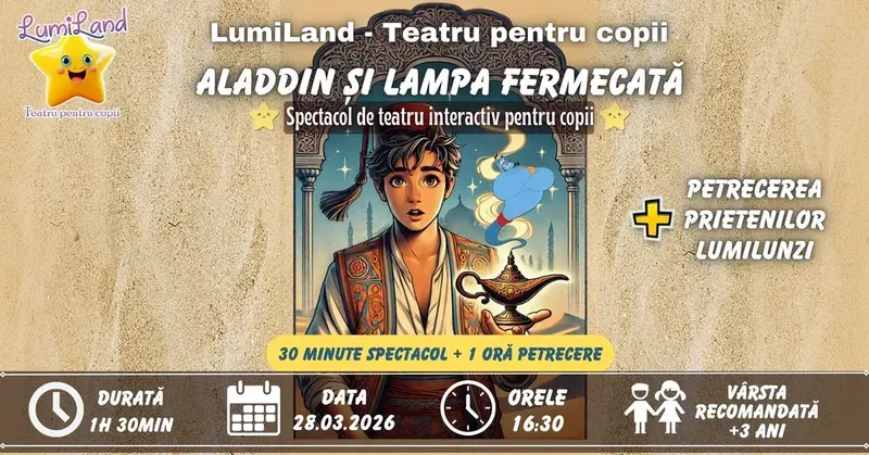 Lumi Land: Aladdin si Lampa Fermecata - Spectacol de teatru interactiv pentru copii + Petrecerea Prietenilor LumiLunzi