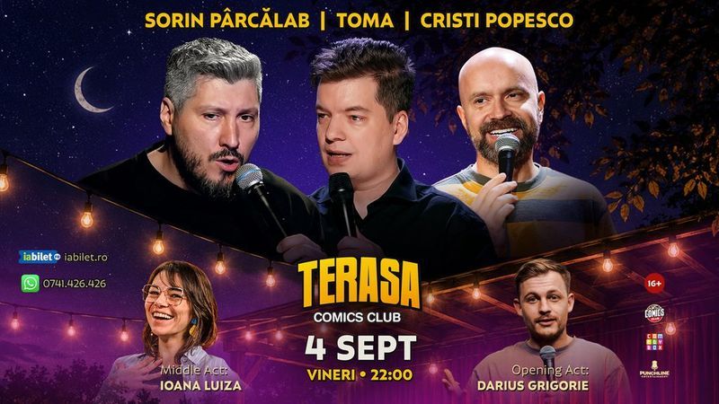 Stand-up cu Cristi Popesco, Toma, Sorin Pârcălab și Ioana Luiza pe Terasa ComicsClub!