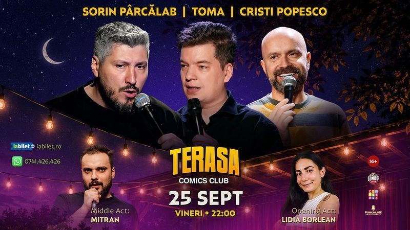 Stand-up cu Cristi Popesco, Toma, Sorin Pârcălab și Mitran pe Terasa ComicsClub!