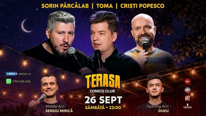 Stand-up cu Cristi Popesco, Toma, Sorin Pârcălab și Mirică pe Terasa ComicsClub!